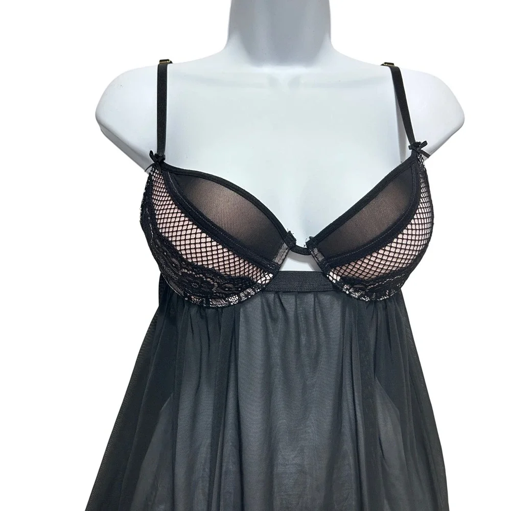 Black Sheer Mesh Babydoll Lingerie M Underwire Lace Fishnet Trim Chemise Nightie